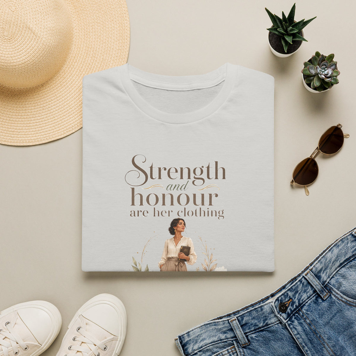 Strength and Honour Are Her Clothing T-Shirt — Inspirational Christian Women's Tee